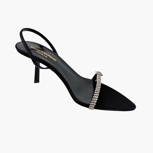 Saint Laurent Rendez Vous 75 Black Crystal Slingback Sandals Heels Size 37 US 7 - Picture 13 of 15